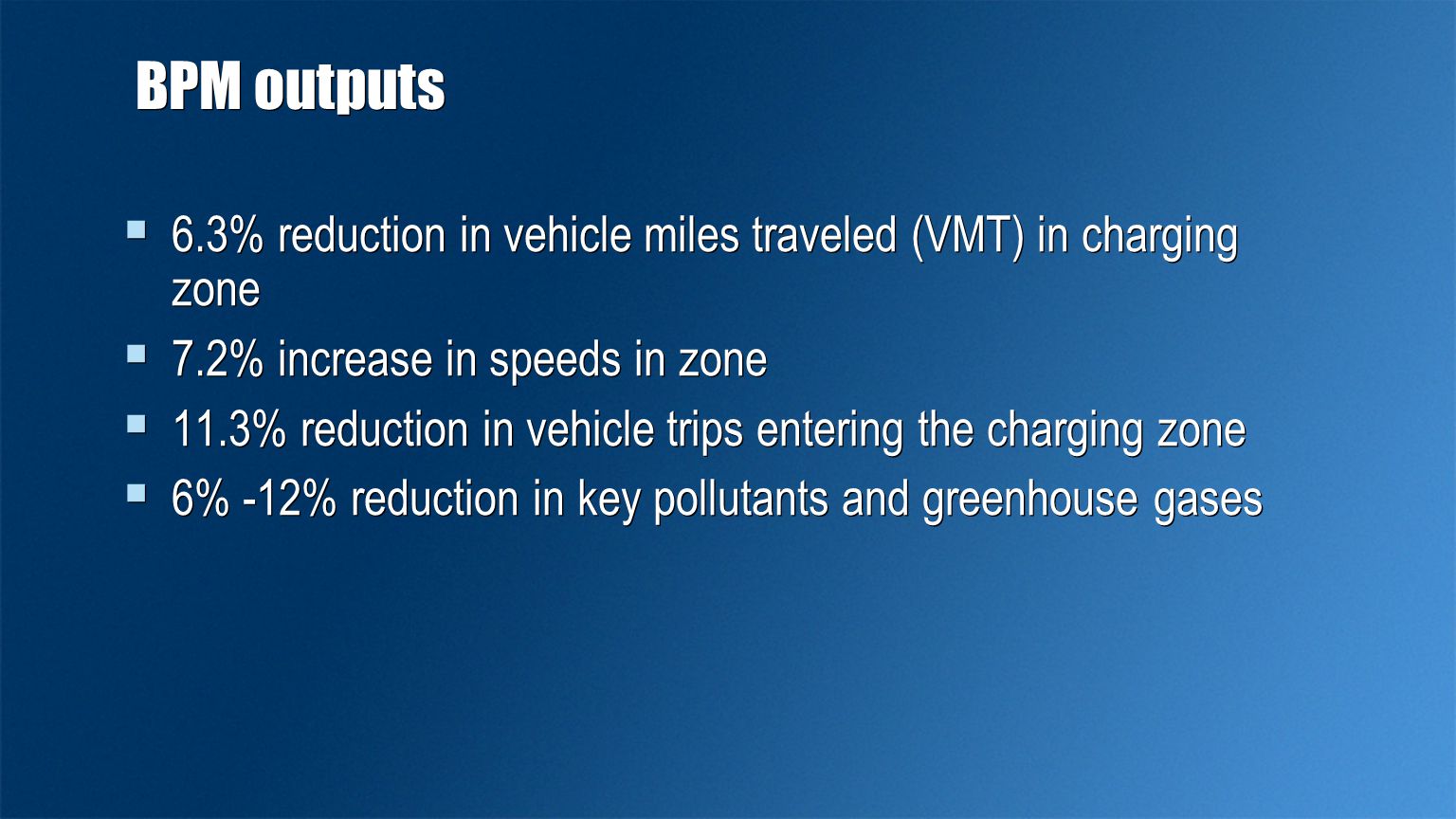  6.3% reduction in vehicle miles traveled (VMT) in charging zone  7.2% increase in speeds in zone  11.3% reduction in vehicle trips entering the charging zone  6% -12% reduction in key pollutants and greenhouse gases  6.3% reduction in vehicle miles traveled (VMT) in charging zone  7.2% increase in speeds in zone  11.3% reduction in vehicle trips entering the charging zone  6% -12% reduction in key pollutants and greenhouse gases