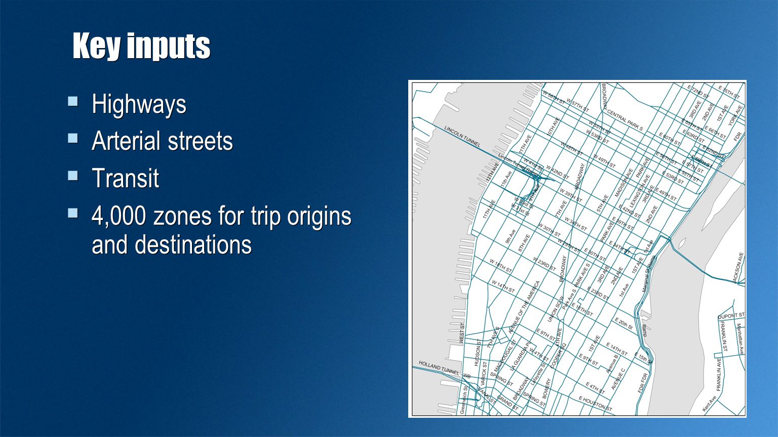 Key inputs  Highways  Arterial streets  Transit  4,000 zones for trip origins and destinations  Highways  Arterial streets  Transit  4,000 zones for trip origins and destinations