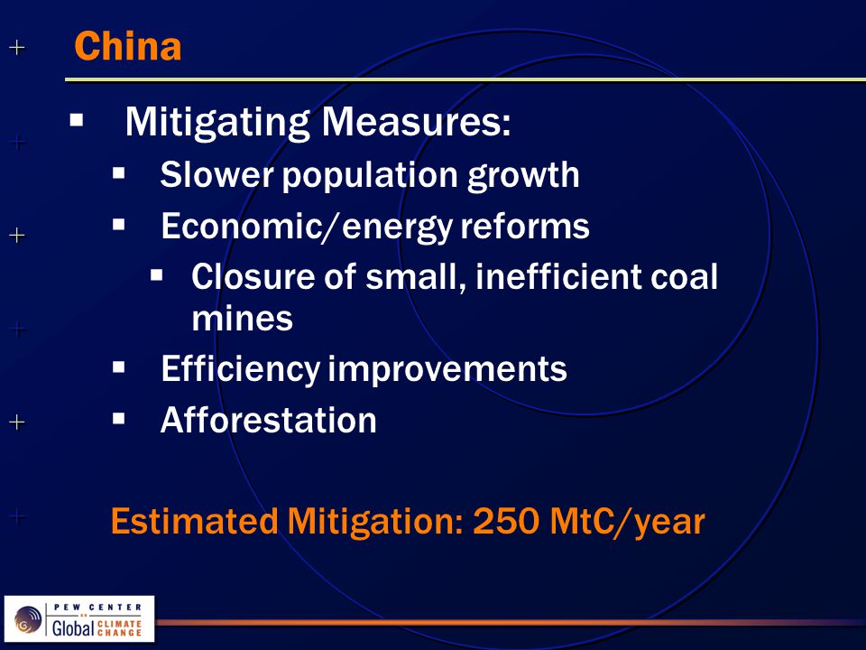 China  Mitigating Measures:  Slower population growth  Economic/energy reforms  Closure of small, inefficient coal mines  Efficiency improvements  Afforestation Estimated Mitigation: 250 MtC/year