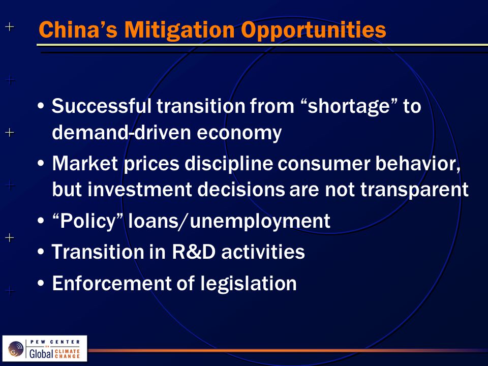 China’s Mitigation Opportunities Successful transition from shortage to demand-driven economy Market prices discipline consumer behavior, but investment decisions are not transparent Policy loans/unemployment Transition in R&D activities Enforcement of legislation