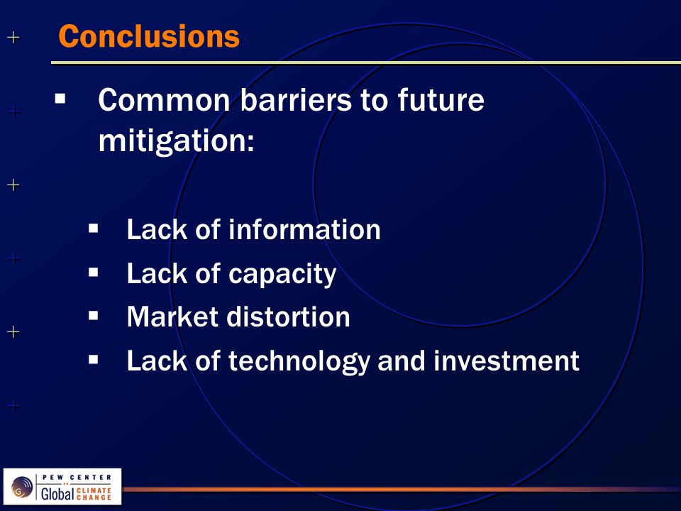 Conclusions  Common barriers to future mitigation:  Lack of information  Lack of capacity  Market distortion  Lack of technology and investment
