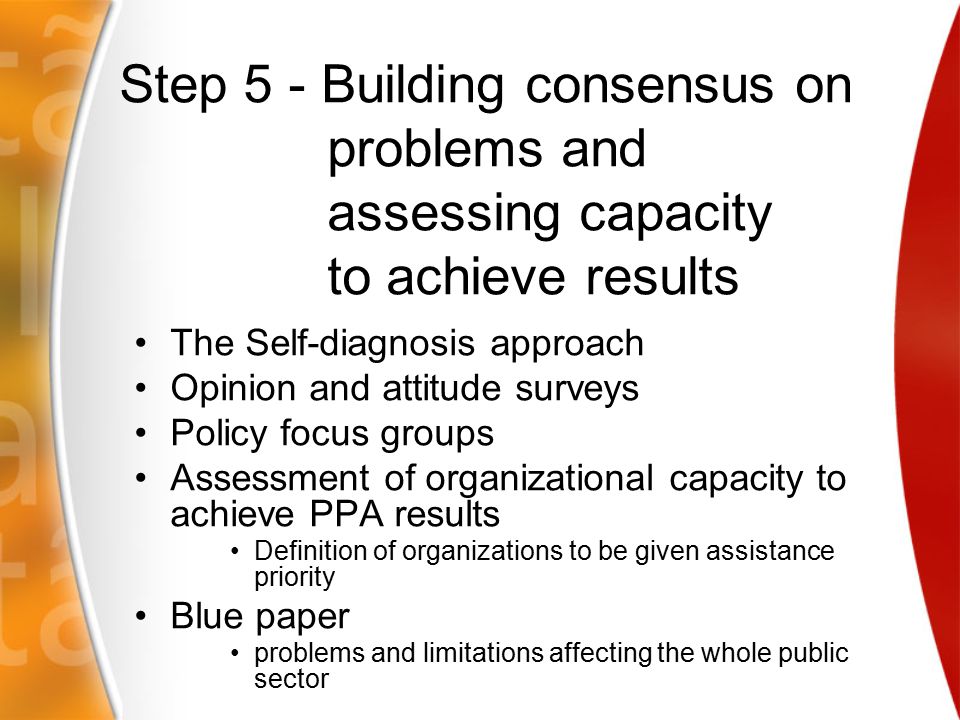 Step 5 - Building consensus on problems and assessing capacity to achieve results The Self-diagnosis approach Opinion and attitude surveys Policy focus groups Assessment of organizational capacity to achieve PPA results Definition of organizations to be given assistance priority Blue paper problems and limitations affecting the whole public sector
