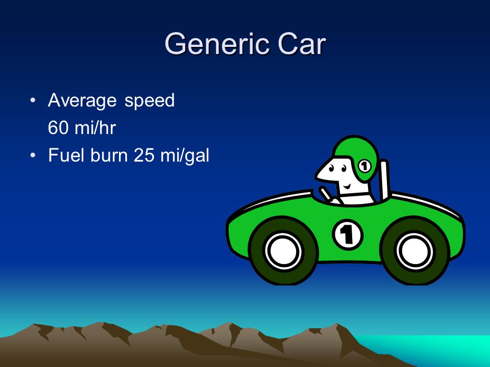 Generic Car Average speed 60 mi/hr Fuel burn 25 mi/gal