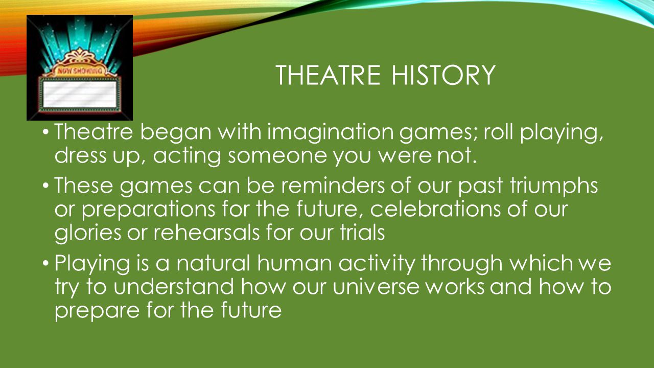 THEATRE HISTORY Theatre began with imagination games; roll playing, dress up, acting someone you were not.