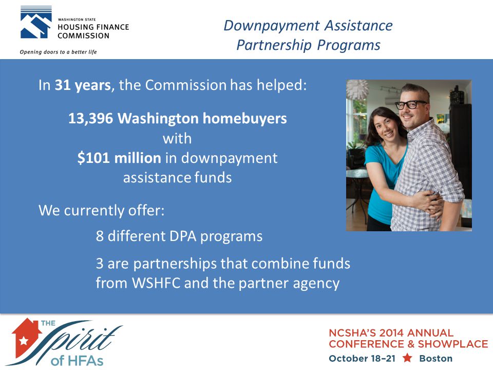 In 31 years, the Commission has helped: 13,396 Washington homebuyers with $101 million in downpayment assistance funds We currently offer: 8 different DPA programs 3 are partnerships that combine funds from WSHFC and the partner agency Downpayment Assistance Partnership Programs