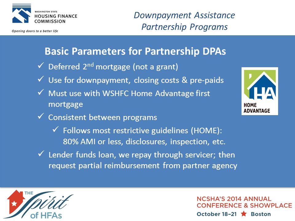 Basic Parameters for Partnership DPAs Deferred 2 nd mortgage (not a grant) Use for downpayment, closing costs & pre-paids Must use with WSHFC Home Advantage first mortgage Consistent between programs Follows most restrictive guidelines (HOME): 80% AMI or less, disclosures, inspection, etc.