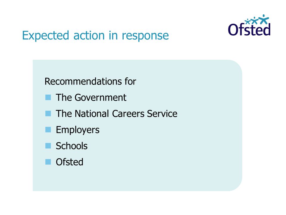 Expected action in response Recommendations for The Government The National Careers Service Employers Schools Ofsted