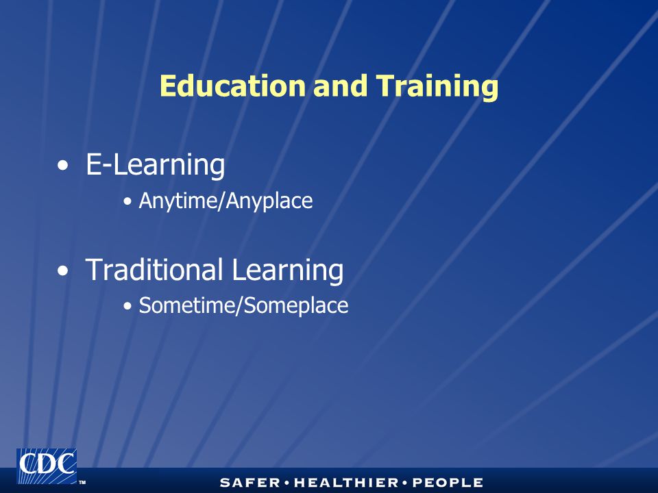 TM Education and Training E-Learning Anytime/Anyplace Traditional Learning Sometime/Someplace