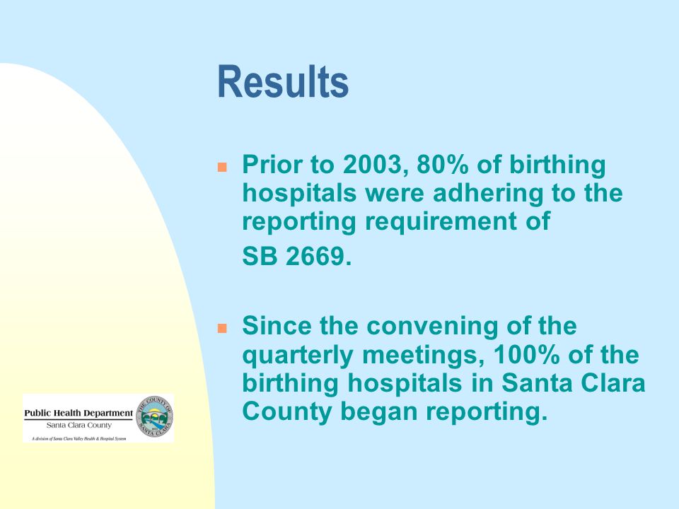 Results Prior to 2003, 80% of birthing hospitals were adhering to the reporting requirement of SB 2669.