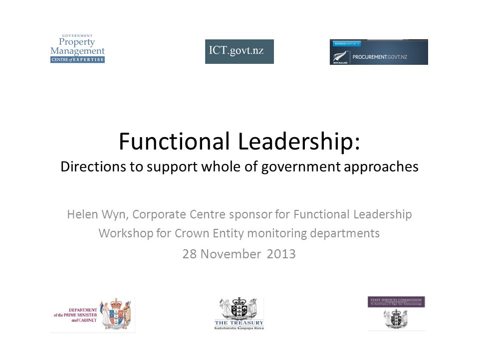 Functional Leadership: Directions to support whole of government approaches Helen Wyn, Corporate Centre sponsor for Functional Leadership Workshop for Crown Entity monitoring departments 28 November 2013