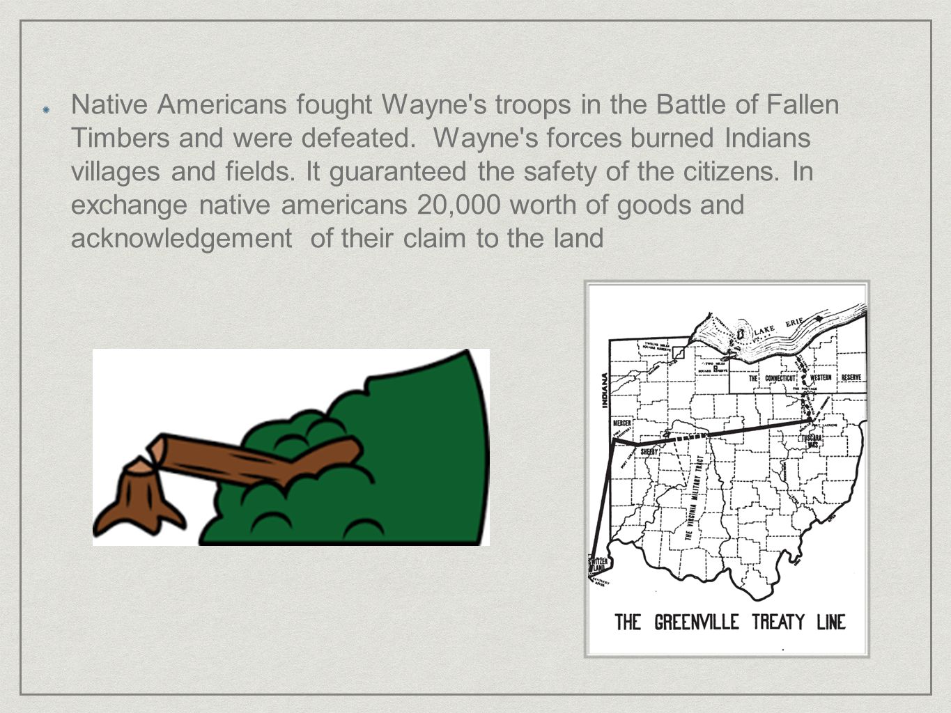 Native Americans fought Wayne s troops in the Battle of Fallen Timbers and were defeated.