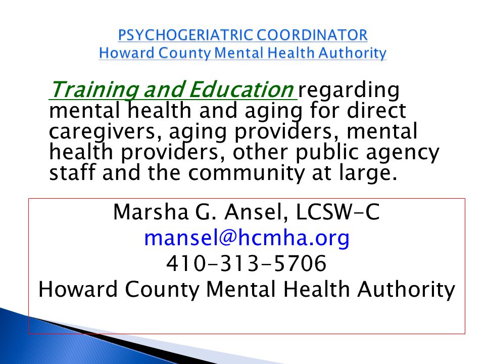 Training and Education regarding mental health and aging for direct caregivers, aging providers, mental health providers, other public agency staff and the community at large.