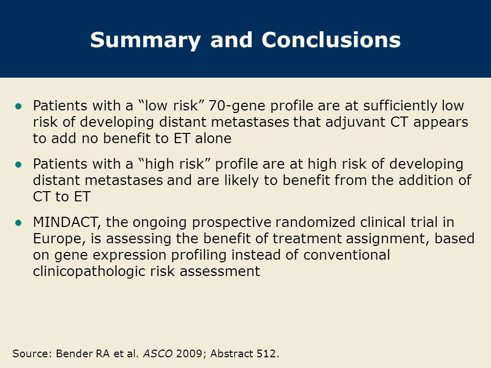 Summary and Conclusions Patients with a low risk 70-gene profile are at sufficiently low risk of developing distant metastases that adjuvant CT appears to add no benefit to ET alone Patients with a high risk profile are at high risk of developing distant metastases and are likely to benefit from the addition of CT to ET MINDACT, the ongoing prospective randomized clinical trial in Europe, is assessing the benefit of treatment assignment, based on gene expression profiling instead of conventional clinicopathologic risk assessment Source: Bender RA et al.