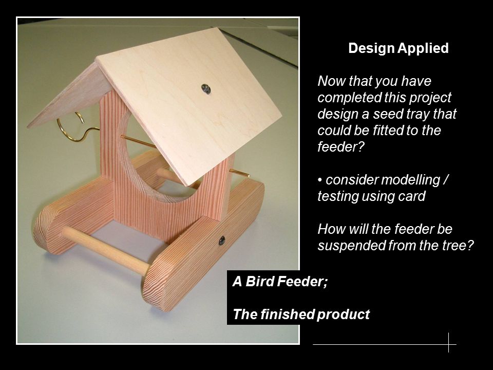 A Bird Feeder; The finished product Design Applied Now that you have completed this project design a seed tray that could be fitted to the feeder.