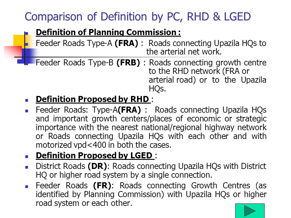 Comparison of Definition by PC, RHD & LGED Definition of Planning Commission : Feeder Roads Type-A (FRA) : Roads connecting Upazila HQs to the arterial net work.