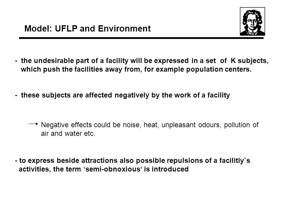 - the undesirable part of a facility will be expressed in a set of K subjects, which push the facilities away from, for example population centers.