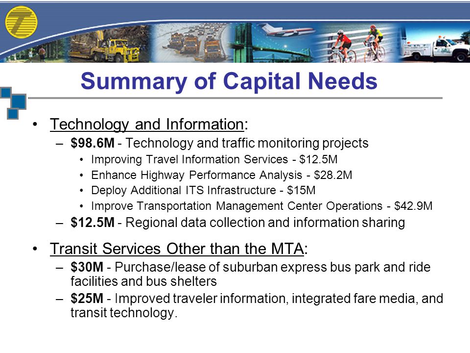 Technology and Information: –$98.6M - Technology and traffic monitoring projects Improving Travel Information Services - $12.5M Enhance Highway Performance Analysis - $28.2M Deploy Additional ITS Infrastructure - $15M Improve Transportation Management Center Operations - $42.9M –$12.5M - Regional data collection and information sharing Transit Services Other than the MTA: –$30M - Purchase/lease of suburban express bus park and ride facilities and bus shelters –$25M - Improved traveler information, integrated fare media, and transit technology.