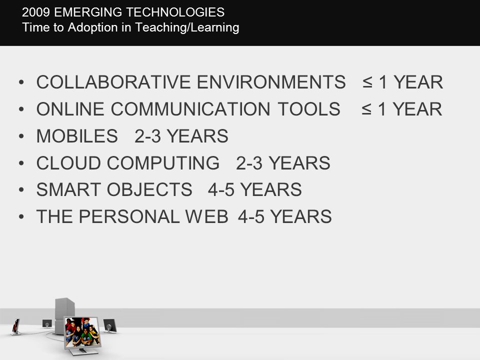2009 EMERGING TECHNOLOGIES Time to Adoption in Teaching/Learning COLLABORATIVE ENVIRONMENTS ≤ 1 YEAR ONLINE COMMUNICATION TOOLS ≤ 1 YEAR MOBILES 2-3 YEARS CLOUD COMPUTING 2-3 YEARS SMART OBJECTS 4-5 YEARS THE PERSONAL WEB 4-5 YEARS