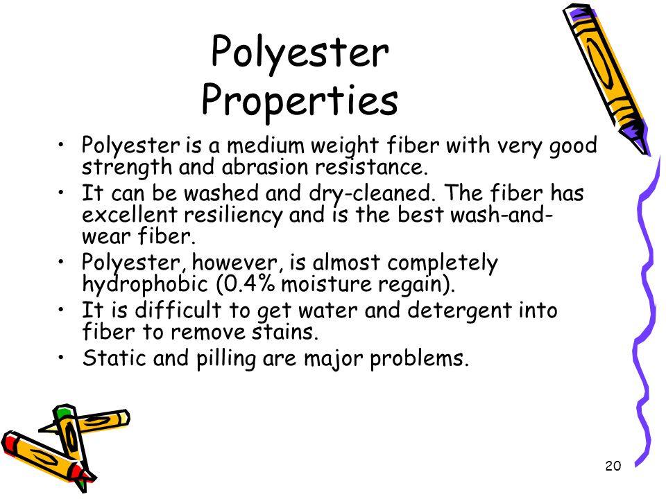 20 Polyester Properties Polyester is a medium weight fiber with very good strength and abrasion resistance.