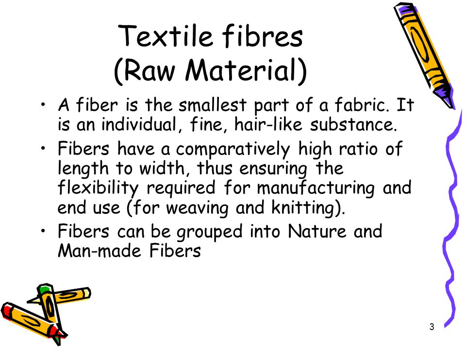 3 Textile fibres (Raw Material) A fiber is the smallest part of a fabric.