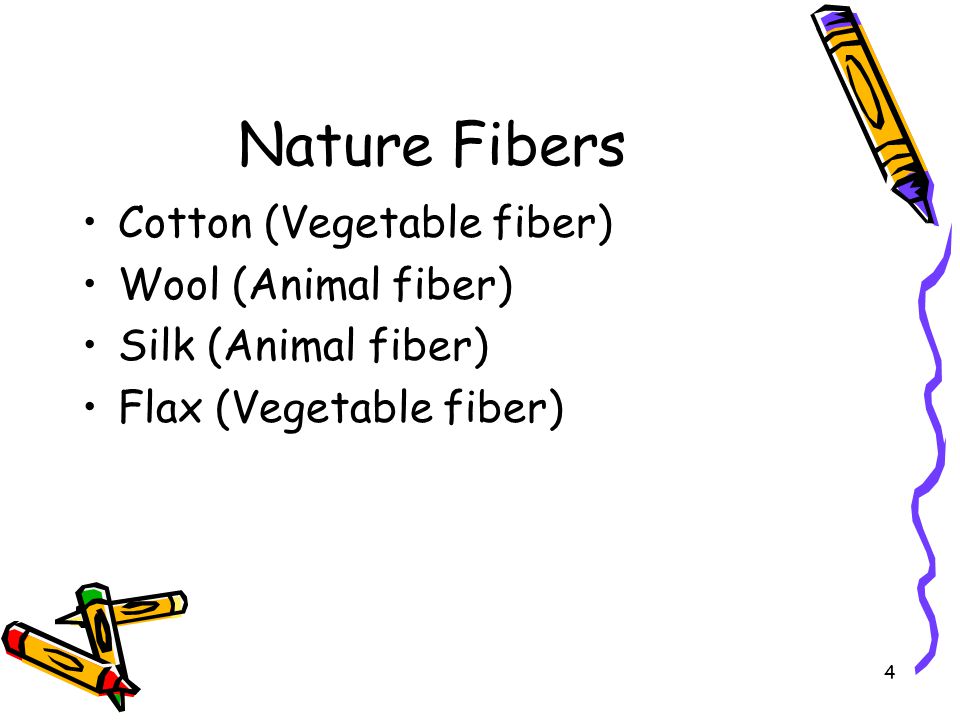 4 Nature Fibers Cotton (Vegetable fiber) Wool (Animal fiber) Silk (Animal fiber) Flax (Vegetable fiber)
