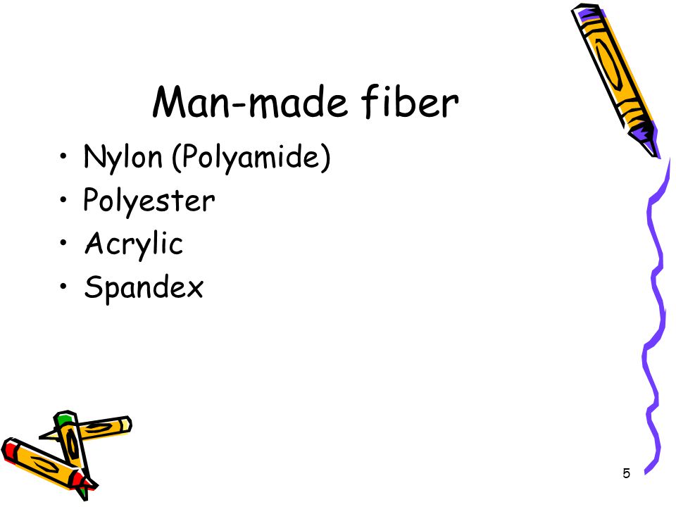 5 Man-made fiber Nylon (Polyamide) Polyester Acrylic Spandex
