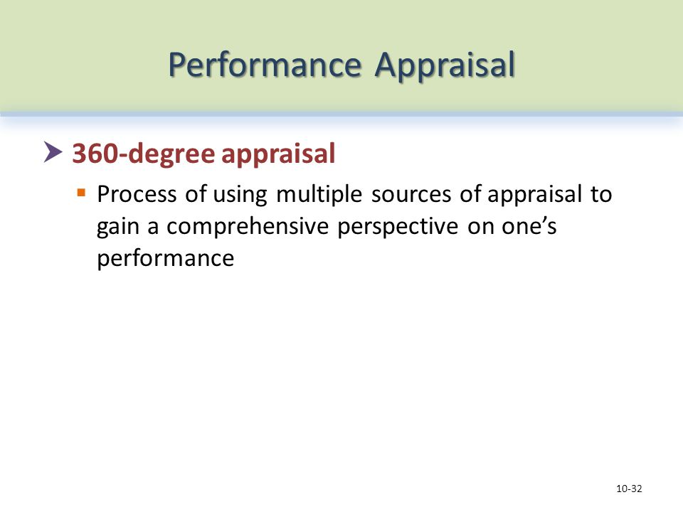 Performance Appraisal  360-degree appraisal  Process of using multiple sources of appraisal to gain a comprehensive perspective on one’s performance 10-32