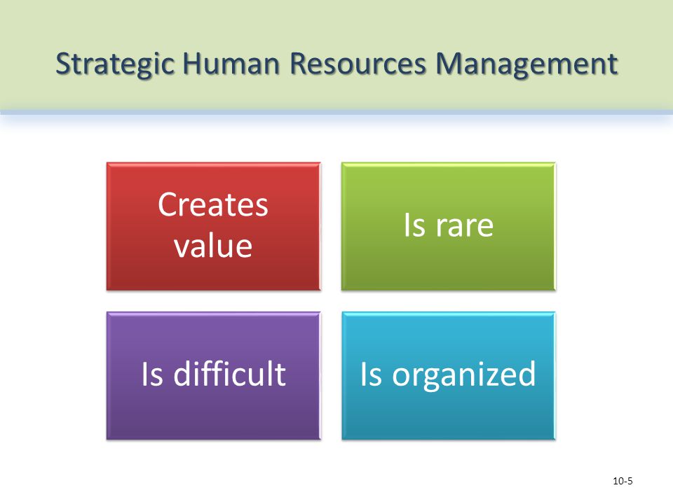 Strategic Human Resources Management 10-5 Creates value Is rare Is difficultIs organized