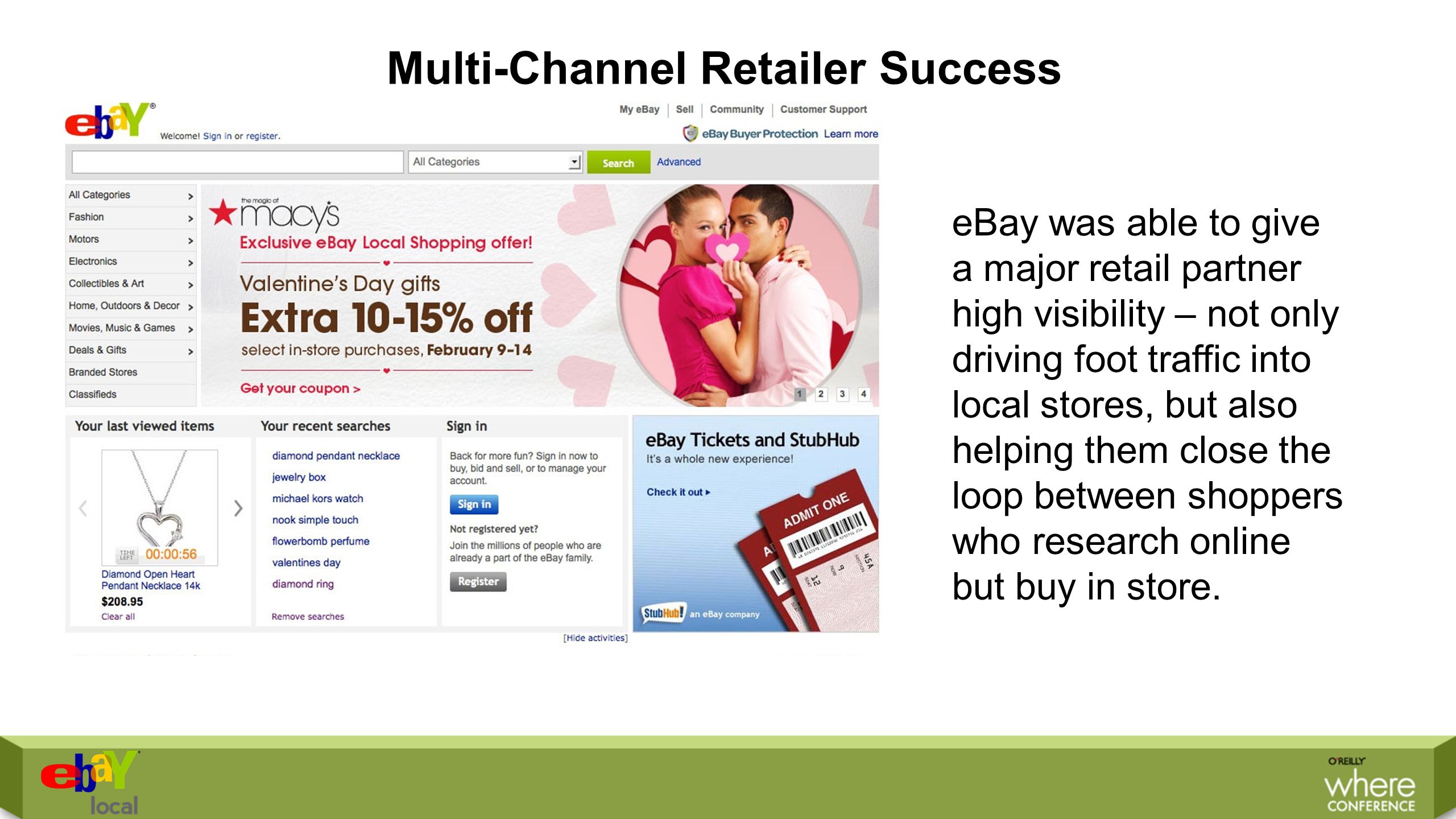Multi-Channel Retailer Success eBay was able to give a major retail partner high visibility – not only driving foot traffic into local stores, but also helping them close the loop between shoppers who research online but buy in store.