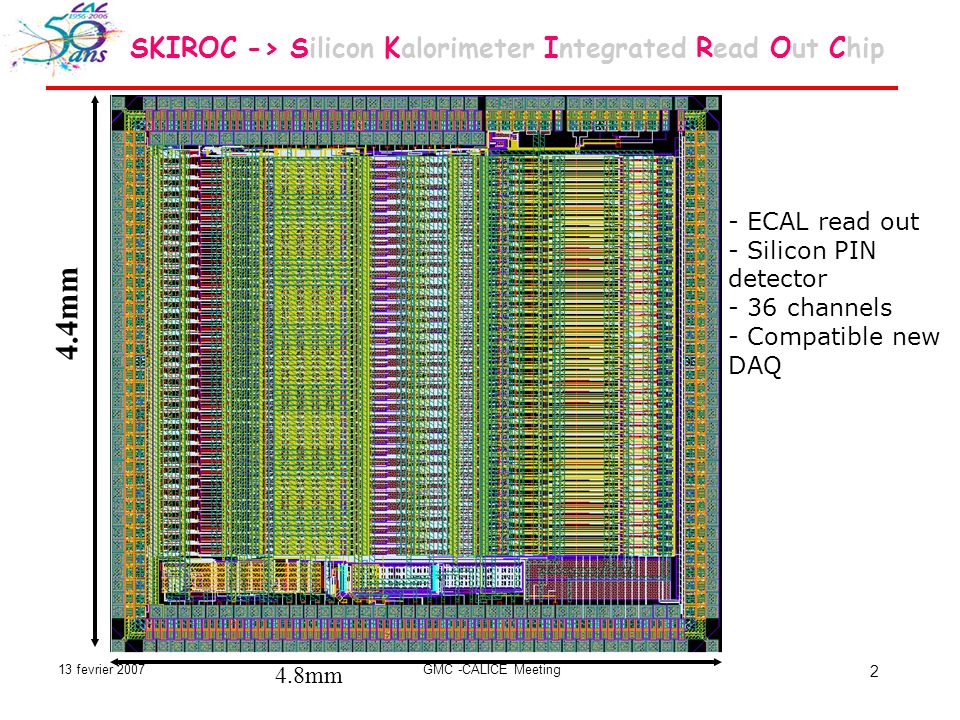 13 fevrier 2007GMC -CALICE Meeting 2 SKIROC -> Silicon Kalorimeter Integrated Read Out Chip - ECAL read out - Silicon PIN detector - 36 channels - Compatible new DAQ 4.4mm 4.8mm