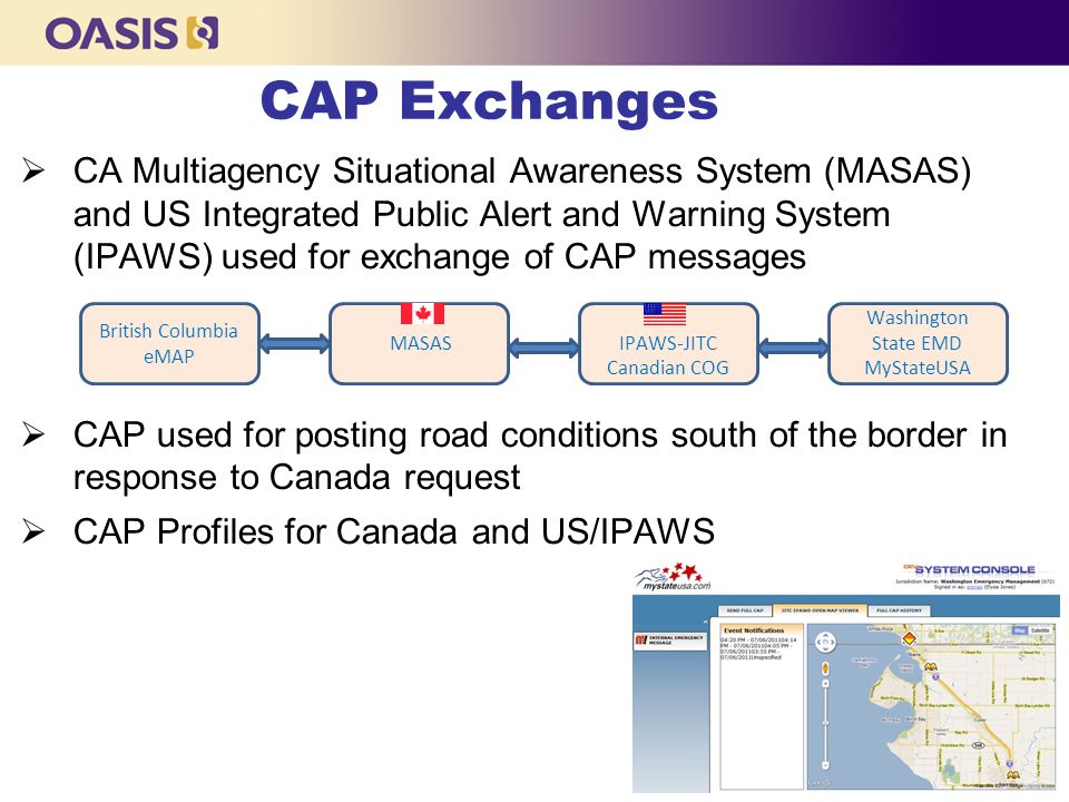 CAP Exchanges  CA Multiagency Situational Awareness System (MASAS) and US Integrated Public Alert and Warning System (IPAWS) used for exchange of CAP messages  CAP used for posting road conditions south of the border in response to Canada request  CAP Profiles for Canada and US/IPAWS MASASIPAWS-JITC Canadian COG Washington State EMD MyStateUSA British Columbia eMAP