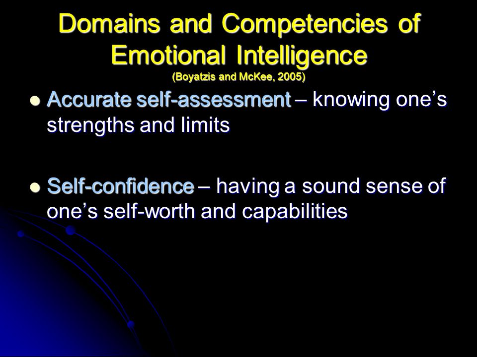 Domains and Competencies of Emotional Intelligence (Boyatzis and McKee, 2005) Accurate self-assessment – knowing one’s strengths and limits Accurate self-assessment – knowing one’s strengths and limits Self-confidence – having a sound sense of one’s self-worth and capabilities Self-confidence – having a sound sense of one’s self-worth and capabilities