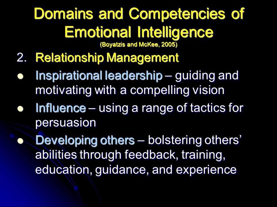 Domains and Competencies of Emotional Intelligence (Boyatzis and McKee, 2005) 2.Relationship Management Inspirational leadership – guiding and motivating with a compelling vision Inspirational leadership – guiding and motivating with a compelling vision Influence – using a range of tactics for persuasion Influence – using a range of tactics for persuasion Developing others – bolstering others’ abilities through feedback, training, education, guidance, and experience Developing others – bolstering others’ abilities through feedback, training, education, guidance, and experience