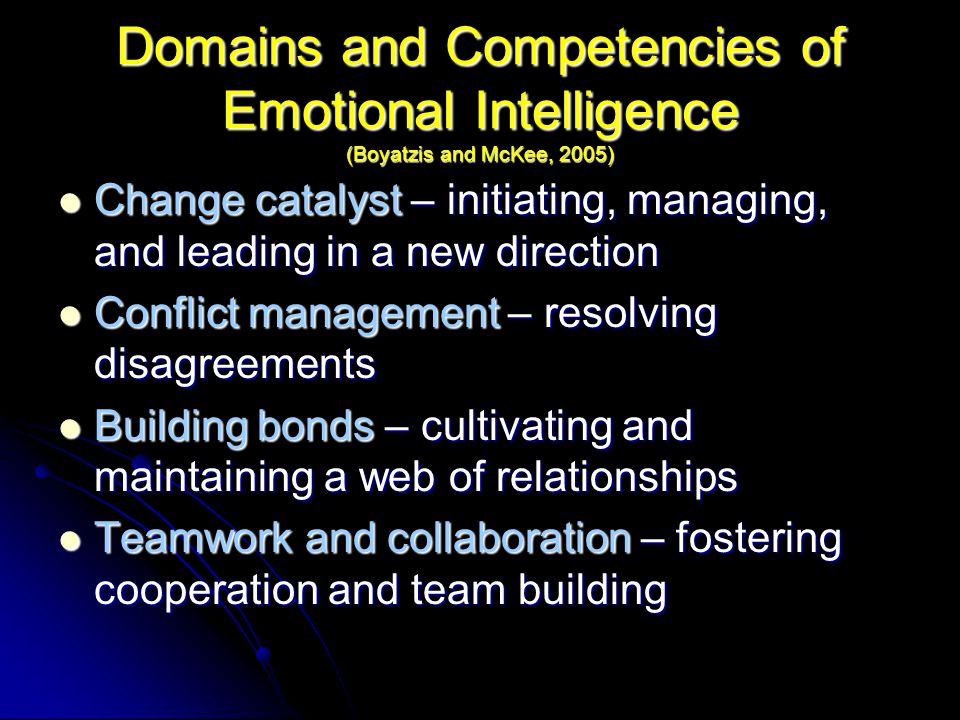 Domains and Competencies of Emotional Intelligence (Boyatzis and McKee, 2005) Change catalyst – initiating, managing, and leading in a new direction Change catalyst – initiating, managing, and leading in a new direction Conflict management – resolving disagreements Conflict management – resolving disagreements Building bonds – cultivating and maintaining a web of relationships Building bonds – cultivating and maintaining a web of relationships Teamwork and collaboration – fostering cooperation and team building Teamwork and collaboration – fostering cooperation and team building
