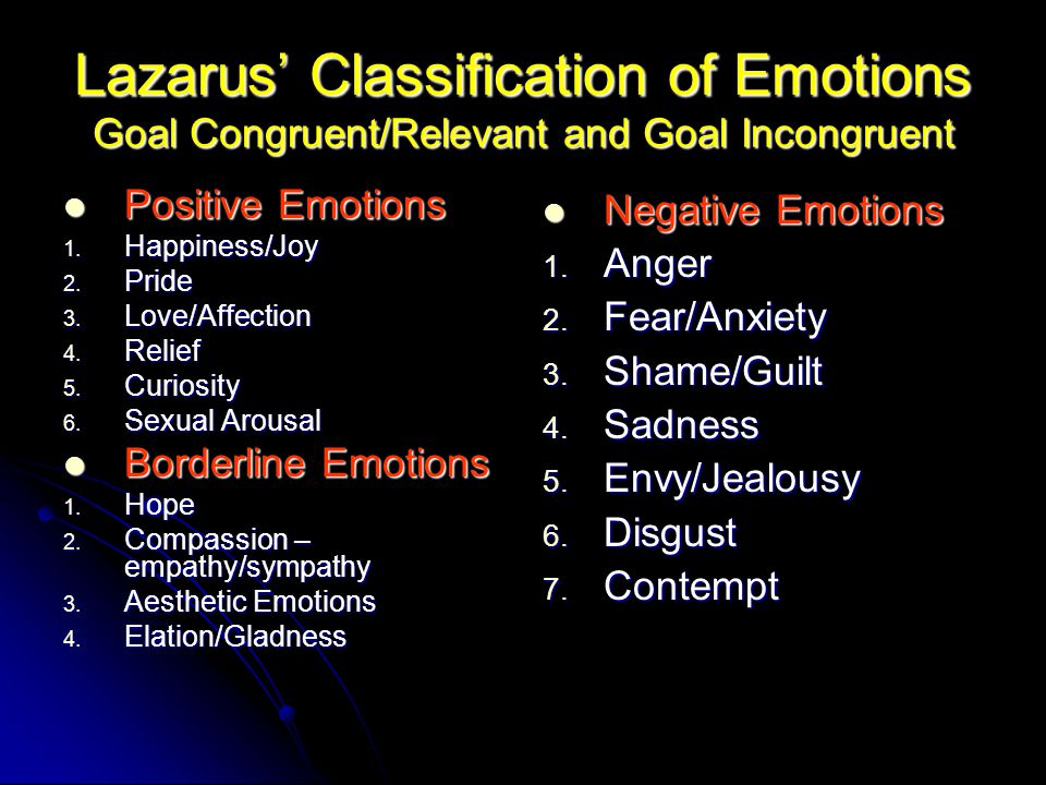 Lazarus’ Classification of Emotions Goal Congruent/Relevant and Goal Incongruent Positive Emotions Positive Emotions 1.
