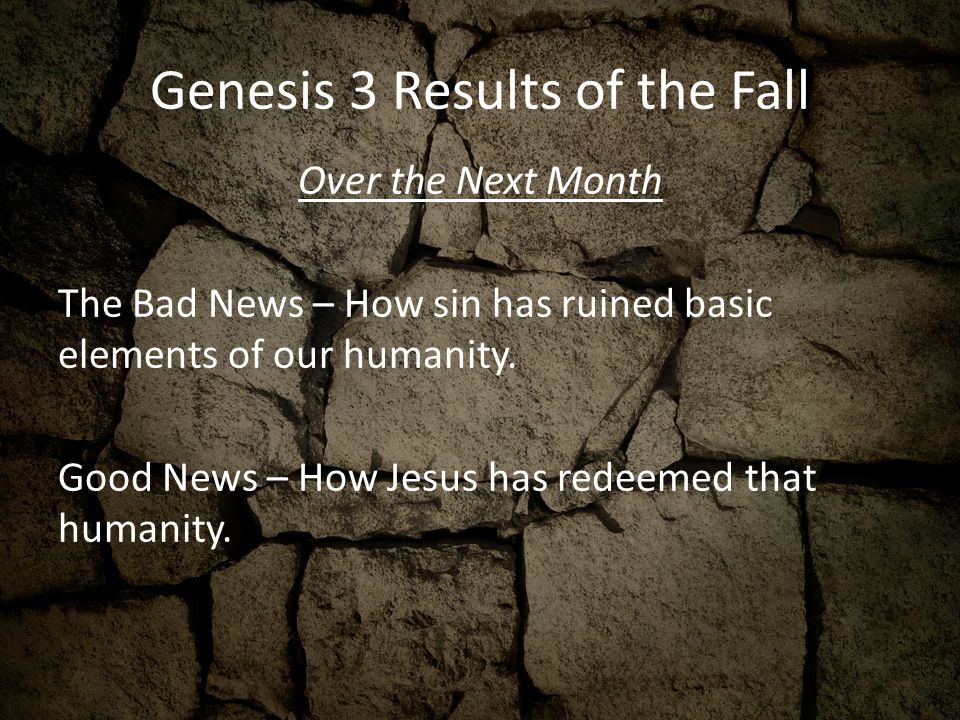 Genesis 3 Results of the Fall Over the Next Month The Bad News – How sin has ruined basic elements of our humanity.