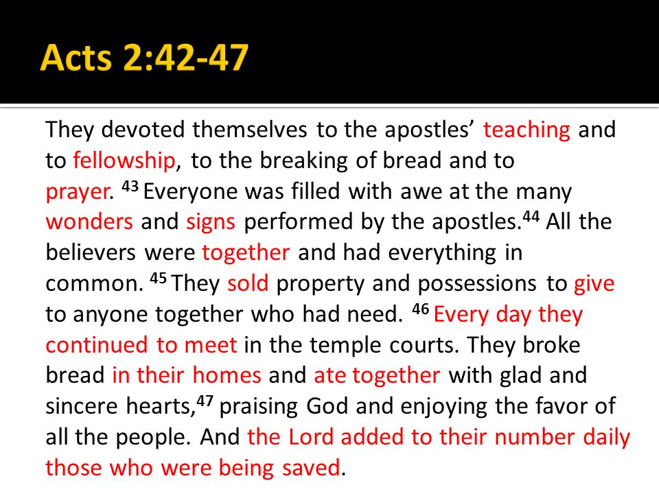 They devoted themselves to the apostles’ teaching and to fellowship, to the breaking of bread and to prayer.