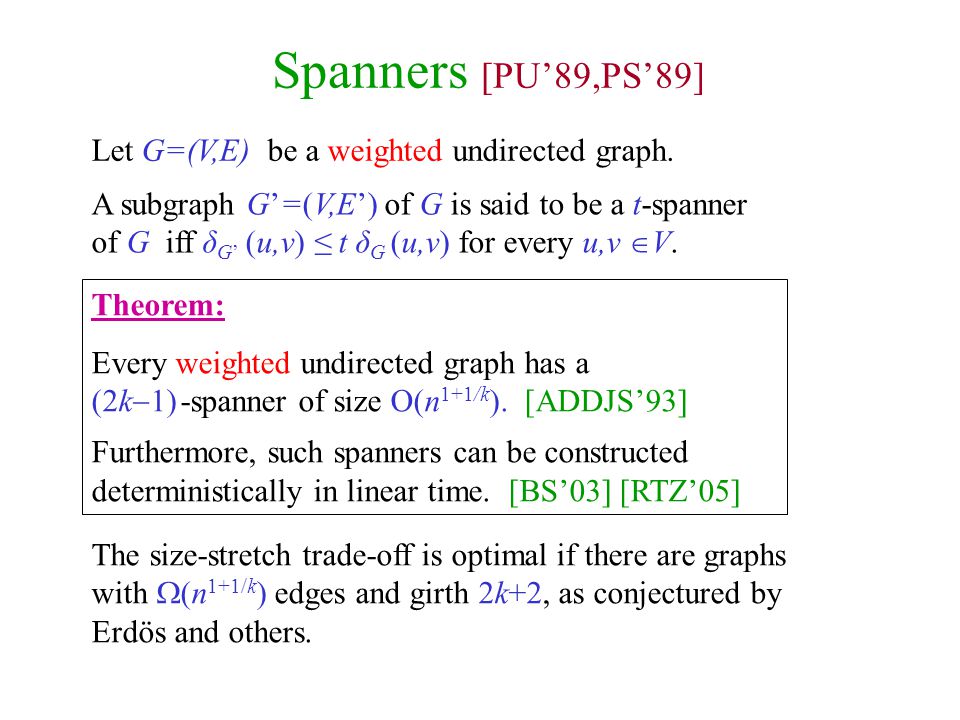 Spanners [PU’89,PS’89] Let G=(V,E) be a weighted undirected graph.