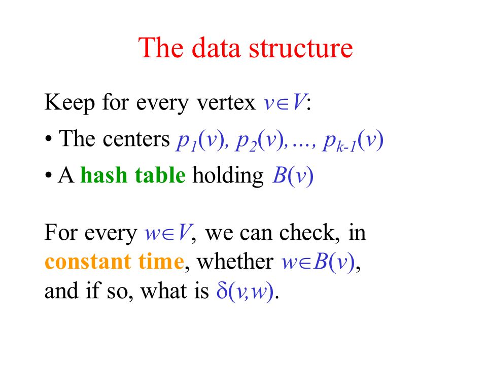 The data structure Keep for every vertex v  V: The centers p 1 (v), p 2 (v),…, p k-1 (v) A hash table holding B(v) For every w  V, we can check, in constant time, whether w  B(v), and if so, what is  (v,w).