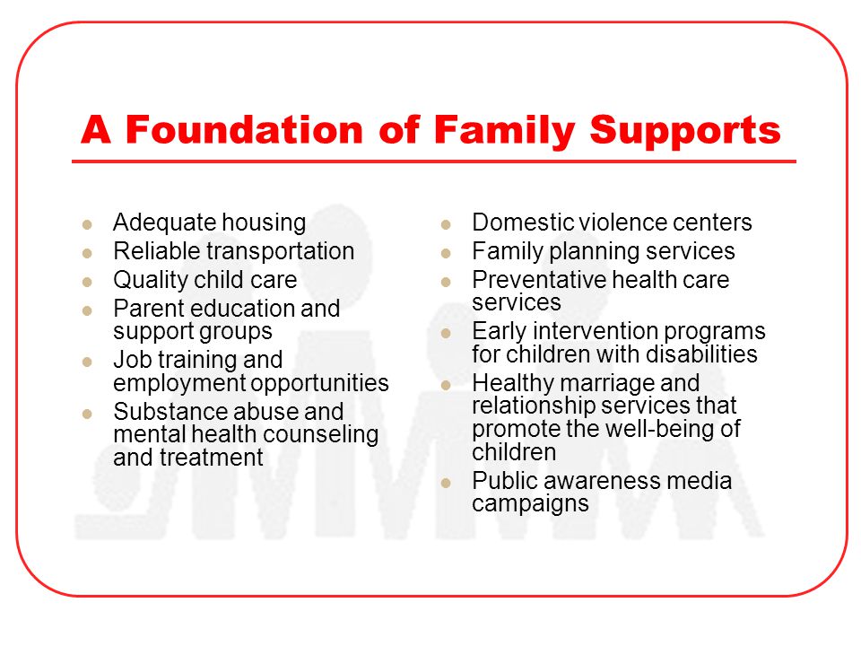 A Foundation of Family Supports Adequate housing Reliable transportation Quality child care Parent education and support groups Job training and employment opportunities Substance abuse and mental health counseling and treatment Domestic violence centers Family planning services Preventative health care services Early intervention programs for children with disabilities Healthy marriage and relationship services that promote the well-being of children Public awareness media campaigns