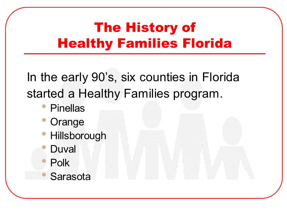 The History of Healthy Families Florida In the early 90’s, six counties in Florida started a Healthy Families program.