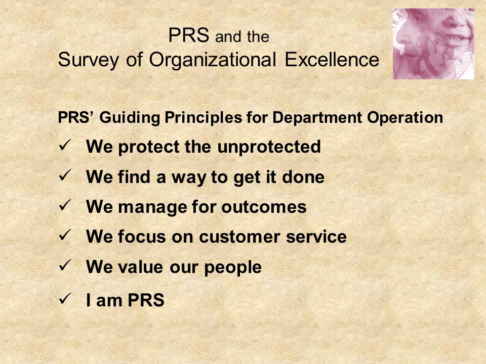 PRS and the Survey of Organizational Excellence PRS’ Guiding Principles for Department Operation We protect the unprotected We find a way to get it done We manage for outcomes We focus on customer service We value our people I am PRS