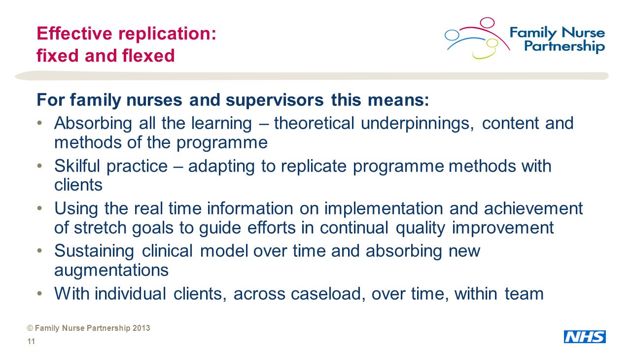 © Family Nurse Partnership Effective replication: fixed and flexed For family nurses and supervisors this means: Absorbing all the learning – theoretical underpinnings, content and methods of the programme Skilful practice – adapting to replicate programme methods with clients Using the real time information on implementation and achievement of stretch goals to guide efforts in continual quality improvement Sustaining clinical model over time and absorbing new augmentations With individual clients, across caseload, over time, within team