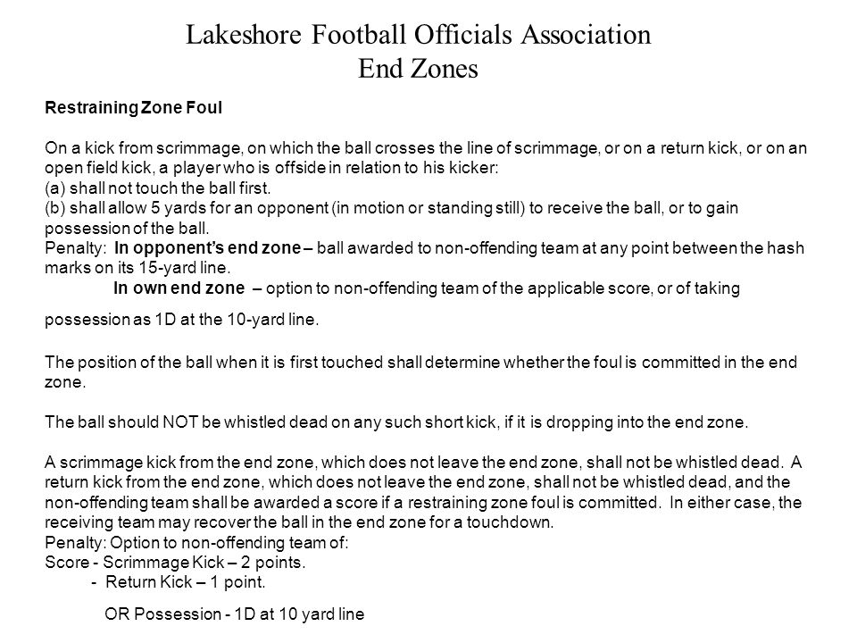 Lakeshore Football Officials Association End Zones Restraining Zone Foul On a kick from scrimmage, on which the ball crosses the line of scrimmage, or on a return kick, or on an open field kick, a player who is offside in relation to his kicker: (a) shall not touch the ball first.