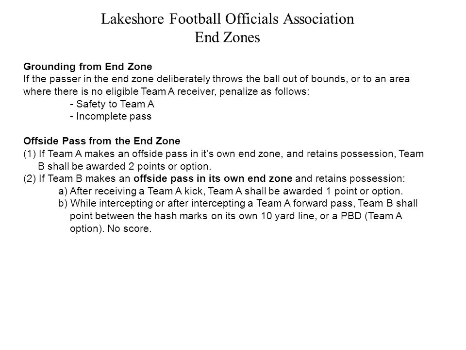 Lakeshore Football Officials Association End Zones Grounding from End Zone If the passer in the end zone deliberately throws the ball out of bounds, or to an area where there is no eligible Team A receiver, penalize as follows: - Safety to Team A - Incomplete pass Offside Pass from the End Zone (1) If Team A makes an offside pass in it’s own end zone, and retains possession, Team B shall be awarded 2 points or option.