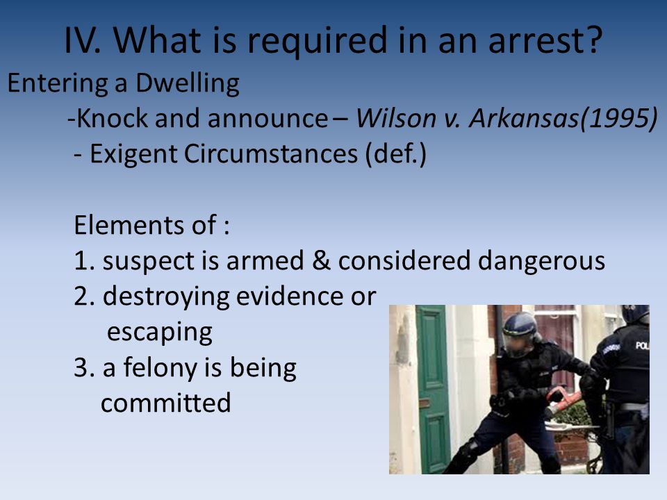 IV. What is required in an arrest. Entering a Dwelling -Knock and announce – Wilson v.