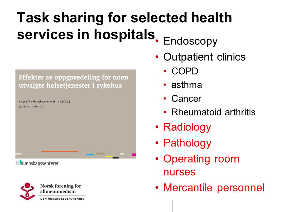 Task sharing for selected health services in hospitals Endoscopy Outpatient clinics COPD asthma Cancer Rheumatoid arthritis Radiology Pathology Operating room nurses Mercantile personnel