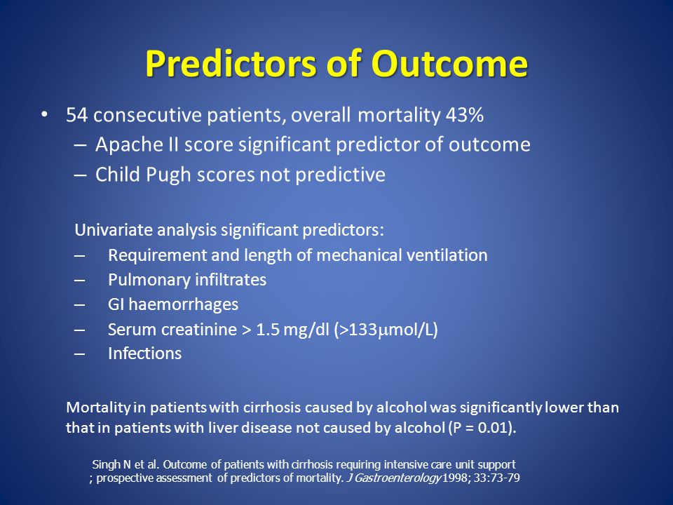 Predictors of Outcome 54 consecutive patients, overall mortality 43% – Apache II score significant predictor of outcome – Child Pugh scores not predictive Univariate analysis significant predictors: – Requirement and length of mechanical ventilation – Pulmonary infiltrates – GI haemorrhages – Serum creatinine > 1.5 mg/dl (>133  mol/L) – Infections Mortality in patients with cirrhosis caused by alcohol was significantly lower than that in patients with liver disease not caused by alcohol (P = 0.01).