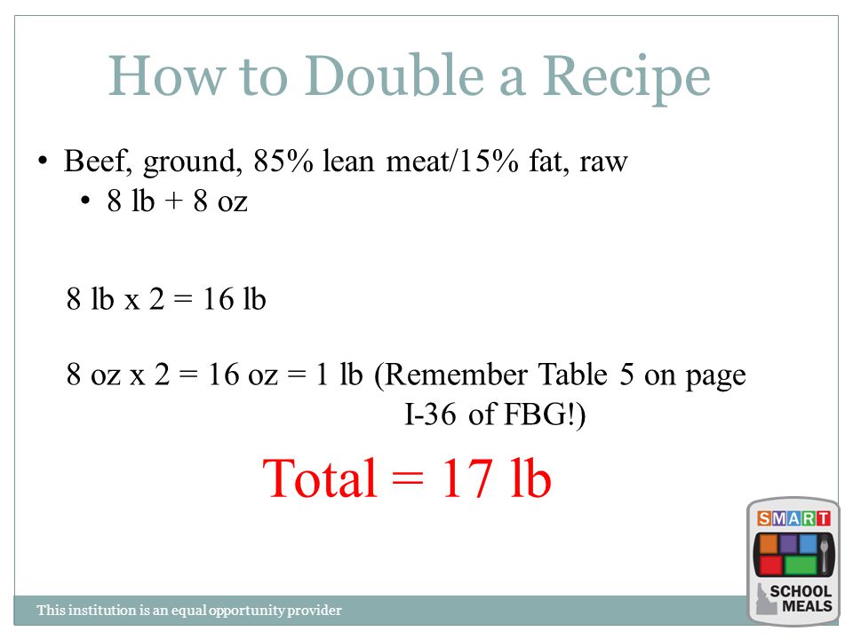 This institution is an equal opportunity provider How to Double a Recipe Beef, ground, 85% lean meat/15% fat, raw 8 lb + 8 oz 8 oz x 2 = 16 oz = 1 lb (Remember Table 5 on page I-36 of FBG!) Total = 17 lb 8 lb x 2 = 16 lb