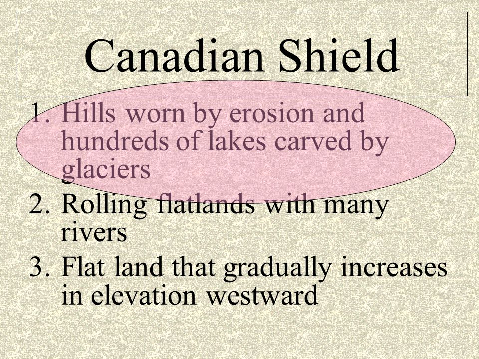 Canadian Shield 1.Hills worn by erosion and hundreds of lakes carved by glaciers 2.Rolling flatlands with many rivers 3.Flat land that gradually increases in elevation westward